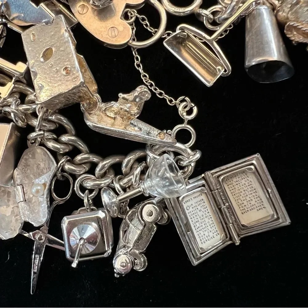 VINTAGE CHARM BRACELET HEART LOCKET TRAVEL 60s 70s STERLING SILVER 925 124G EVC